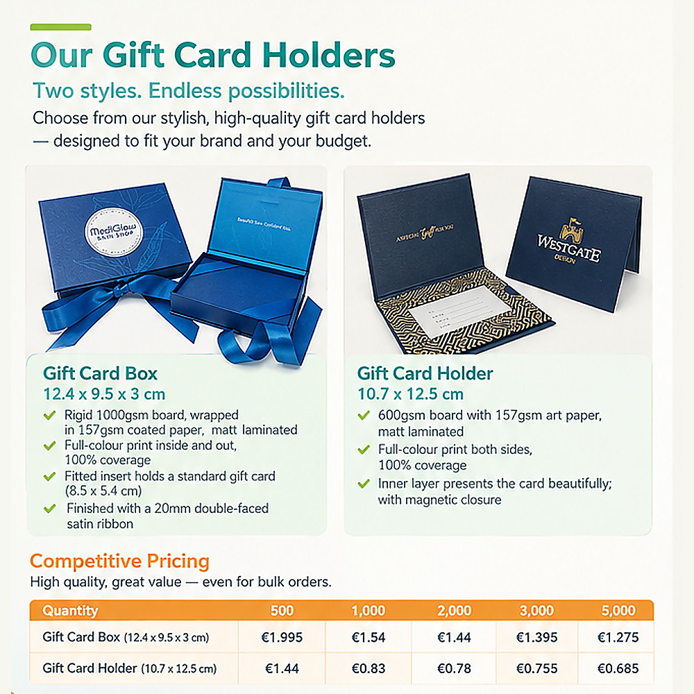 Custom printed gift card boxes and gift card holders with brand logo