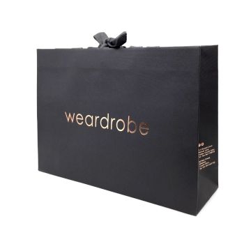 black printed paper bag with ribbon
