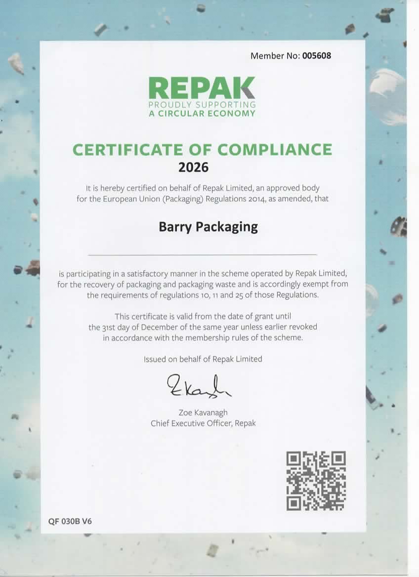 Repak Certificate of Compliance 2026 for Barry Packaging, member number 005608