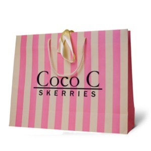 pink and cream stripes paper bag with satin ribbon and rope handles