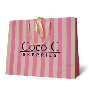pink and cream stripes paper bag with satin ribbon and rope handles